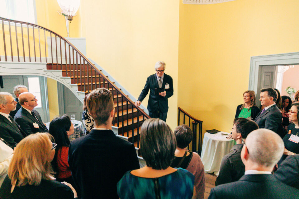 Yann Weymouth, FAIA greets family and friends at The Octagon in 2018, where the Architects Foundation announced a new scholarship in his honor.